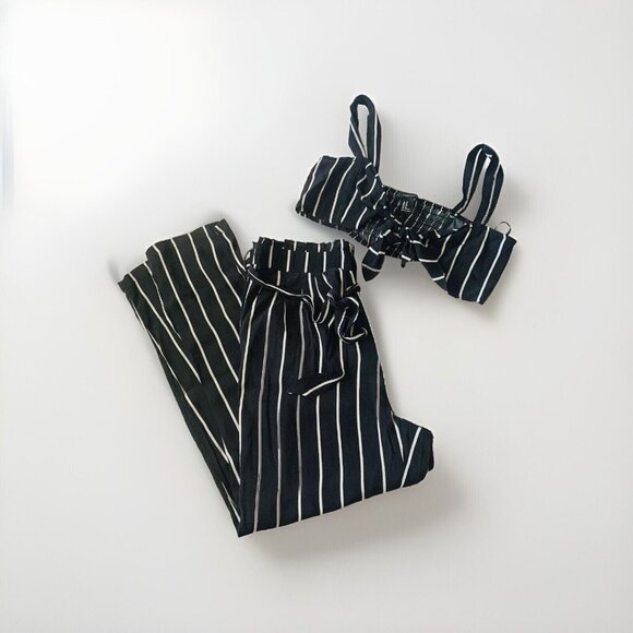 Sexy 2 Piece Black Striped Tie-Front Crop Top Tapered Pants Set Size Small‎ - Picture 4 of 11